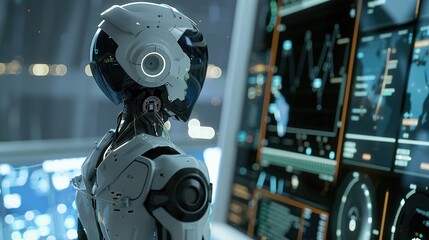 Fototapeta premium A futuristic robot with a white helmet looks at a digital screen.