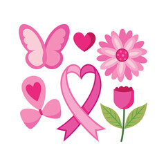 Fototapeta premium A set of pink ribbon, flowers, butterflies and hearts breast cancer awareness elements vector design illustration