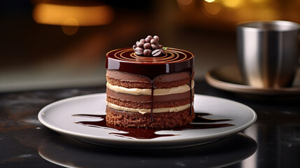 cake with chocolate cream and a cup of coffe