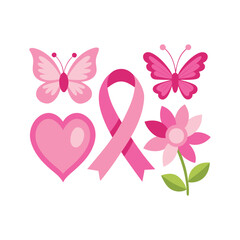 A set of pink ribbon, flowers, butterflies and hearts breast cancer awareness elements vector design illustration