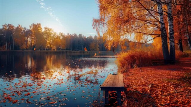 Autumn landscape with bench by tranquil lake and colorful foliage. Seamless looping time-lapse video background