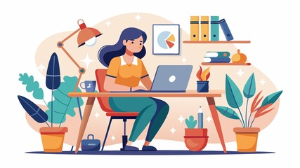 Obraz premium A stylish workspace fuels a creative mind. This scene showcases a woman working in a visually appealing studio, emphasizing the importance of environment on productivity.