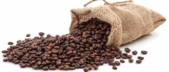 Coffee Background for Ads Reference. Coffee Beans Spilling Out from Burlap Sack