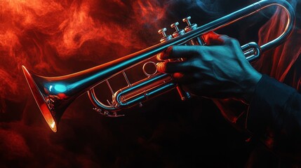 Fototapeta premium Close-up of Trumpet Player's Hand Holding the Instrument with Dramatic Lighting Effects