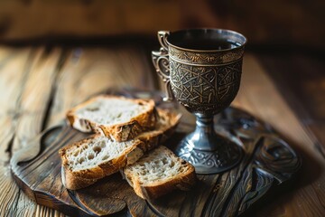 A chalice with wine and bread for communion in the church on the table