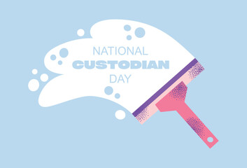 National custodian day poster. Equipment and accessories collection for cleaning home. Bucket, cleaning supplies, bottles, spray, brush, gloves. Housework concept. Vector illustration isolated