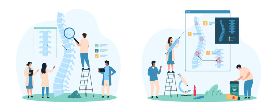 Diagnosis and treatment of spinal column diseases. set. Tiny people check for inflammation in human intervertebral discs on medical anatomy chart and xray of patient cartoon vector illustration