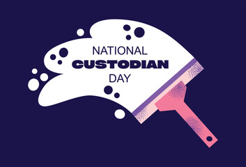 National custodian day poster. Equipment and accessories collection for cleaning home. Bucket, cleaning supplies, bottles, spray, brush, gloves. Housework concept. Vector illustration isolated