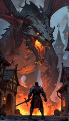 A Scene Where a Brave Knight Confronts a Massive Dragon with Anime Style