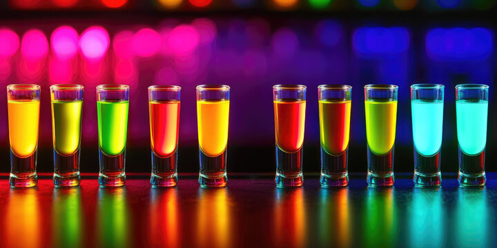 Lineup of test tube shooters with neon-colored different alcohol shots on a bar counter