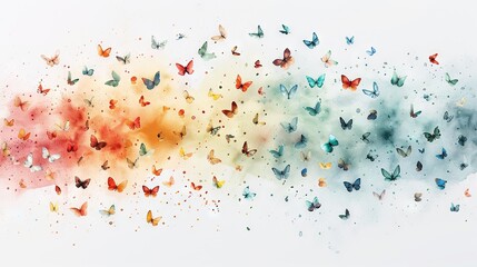   A flutter of colorful butterflies flying in the air with a trail of smoke behind them