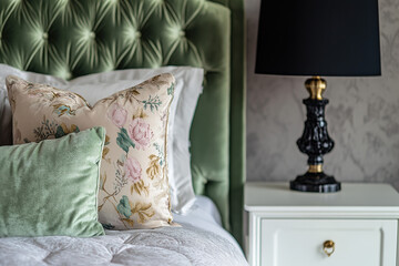 A close up shot of the green velvet headboard, flanked by soft pastel pillows and delicate floral patterns, sits atop an elegant white bedside table with a black lamp stand. The focus is on the bed.