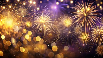 A breathtaking display of golden and violet fireworks exploding against a dark violet canvas, creating a sophisticated atmosphere for highlighting your New Year's Eve celebrations.