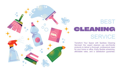 Eco cleaning service poster. Equipment and accessories collection for cleaning home. Bucket, cleaning supplies, bottles, spray, brush, gloves. Housework concept. Vector illustration isolated