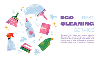 Eco cleaning service poster. Equipment and accessories collection for cleaning home. Bucket, cleaning supplies, bottles, spray, brush, gloves. Housework concept. Vector illustration isolated