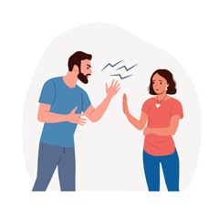 Angry man blaming, shouting at upset woman. Vector flat cartoon illustration
