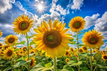 Obraz premium Vibrant yellow sunflowers stretch towards the sky, swaying gently in the breeze, surrounded by lush greenery, under a warm sunny day with fluffy white clouds.