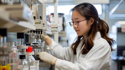 Female scientist conducting microscopic research and analysis in laboratory