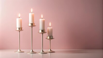 Serene Simplicity: Four Candles in Modern Candlesticks on a Pastel Pink Background  AI Generated