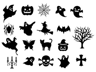 Vector silhouettes for Halloween, ghosts, pumpkins, witch, cat