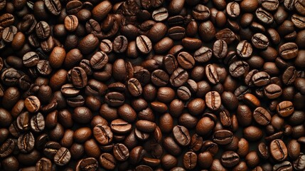 Naklejka premium Close-up of coffee beans in various shades of brown, some falling in different directions, on a dark brown background.