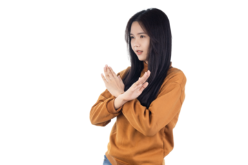 Young Asian woman crossed hands show no stop forbidden symbol isolated on white background with clipping path.
