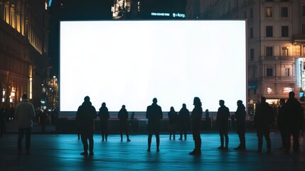 Silhouettes of People Observing Blank Billboard in Urban Night Scene