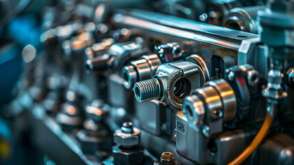 Fototapeta premium Close-up of mechanical industrial equipment with valves and fittings.