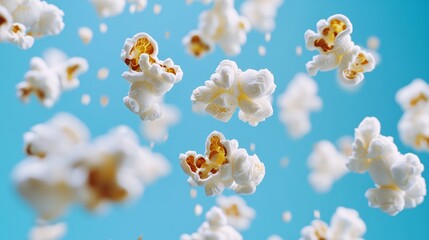 Popping Popcorn In Air On Blue Background