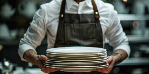 A man is holding a stack of white plates