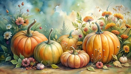 Enchanted Autumn Pumpkin Patch - A Watercolor Dreamscape  AI Generated