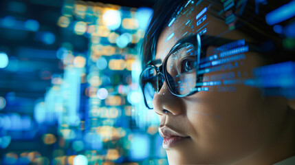 Asian woman in glasses examining digital interfaces with data overlaying her face. UX coding, big data analytics, artificial intelligence, technology, and innovation in high-tech environment. Close up