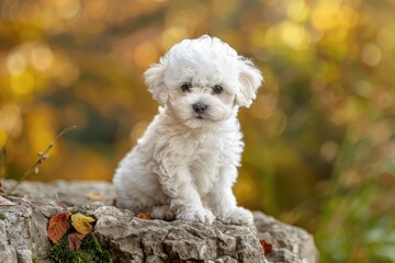 White Puppy Sitting on a Rock with Blurred Fall Foliage Background