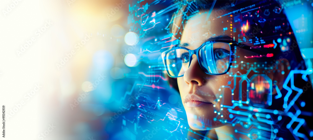 Wall mural a woman in glasses examining digital interfaces with data overlaying her face banner. ux coding, big