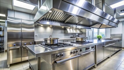 Modern commercial kitchen metal extractor hood with sleek illumination, stainless steel finish, and electrical components, providing efficient ventilation and a sleek design.