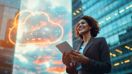 Beautiful smiling business woman in a suit holding a tablet with a digital cloud in the air on business center background. Digital cloud service, app, network, security, database, interface, support