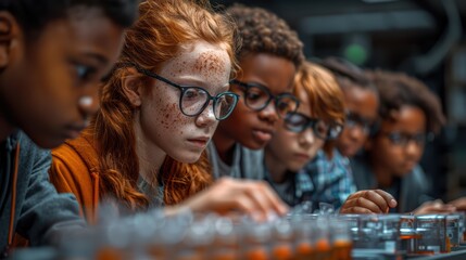 Obraz premium Diverse Students Conducting Science Experiment in High-Tech Classroom - Ultra-Realistic 4K Educational Image