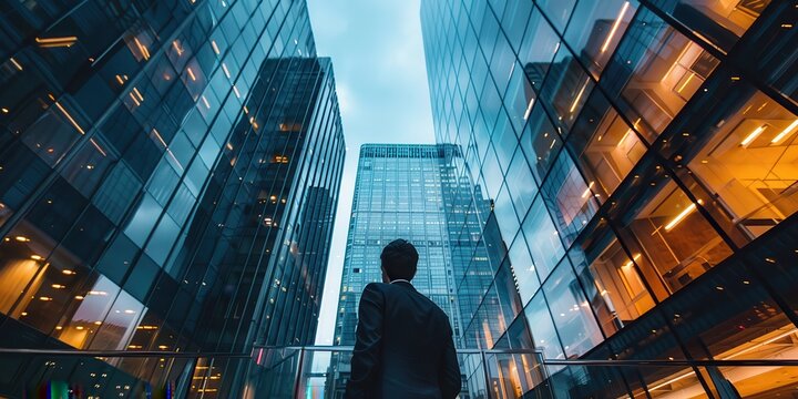 A man stands on a balcony of a high rise building, looking out over the city