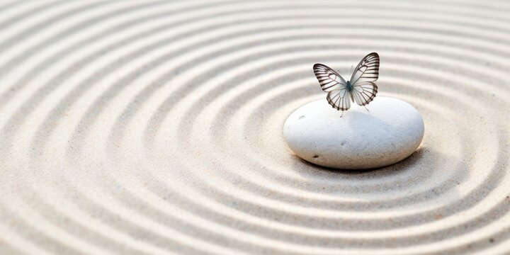 Zen stone with butterfly, butterfly on Zen stone, zen garden meditation stone background, and lines in the sand for relaxation balance harmony spirituality, or spa wellness.