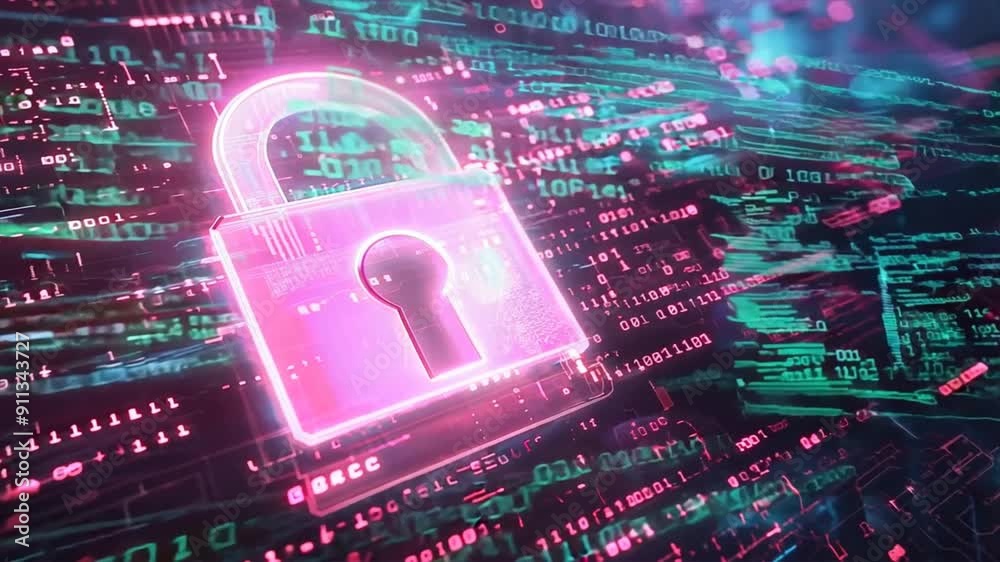Poster digital padlock over an abstract tech background, emphasizing secure network connections