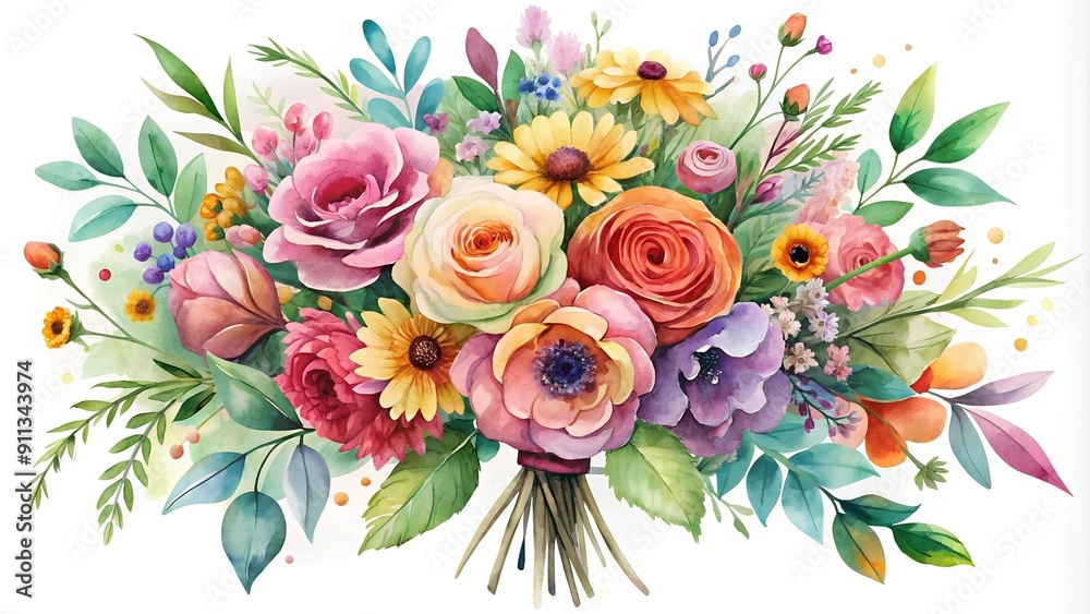 Poster Whimsical Watercolor Wedding Bouquet: A Celebration of Love and Blooms  generative AI