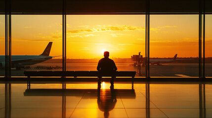 /imagine prompt:capture a serene moment during golden hour, focusing on a solitary figure sitting on an airport bench, background features a large window showing a plane on tarmac under a vast, amber-