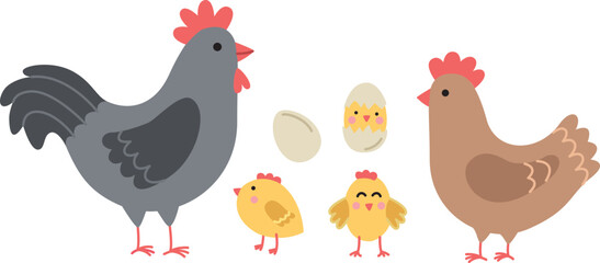 Vector illustration of a family of chickens. Set of domestic birds in flat style	