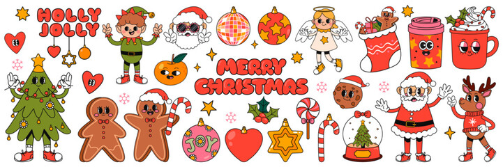 Big sticker pack of retro Groovy hippie Christmas characters and elements. Santa Claus, Christmas tree, gifts, holly jolly vibes, deer, elf, gingerbread in trendy retro cartoon style. Hand draw vector