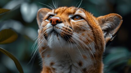 Obraz premium Close-up of a majestic wild feline, looking upward with a serene and contemplative expression in a lush, natural environment.