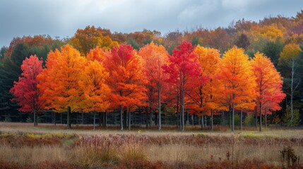 Fototapeta premium Vibrant autumn trees with red and orange foliage in a serene meadow, creating a picturesque fall landscape under a partly cloudy sky.
