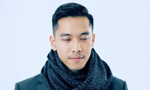Medium shot portrait video of a Vietnamese man in his 20s wearing a foulard against a white background