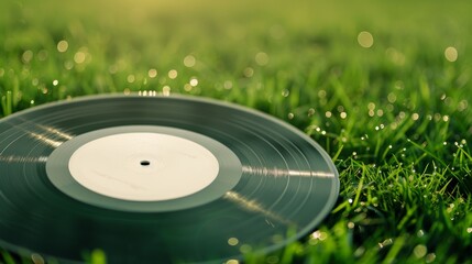 A vinyl record with a blank label, placed on a neon green and yellow background. The vibrant neon light provides clear copy space. The lighting is smooth and diffused, creating a modern lookd