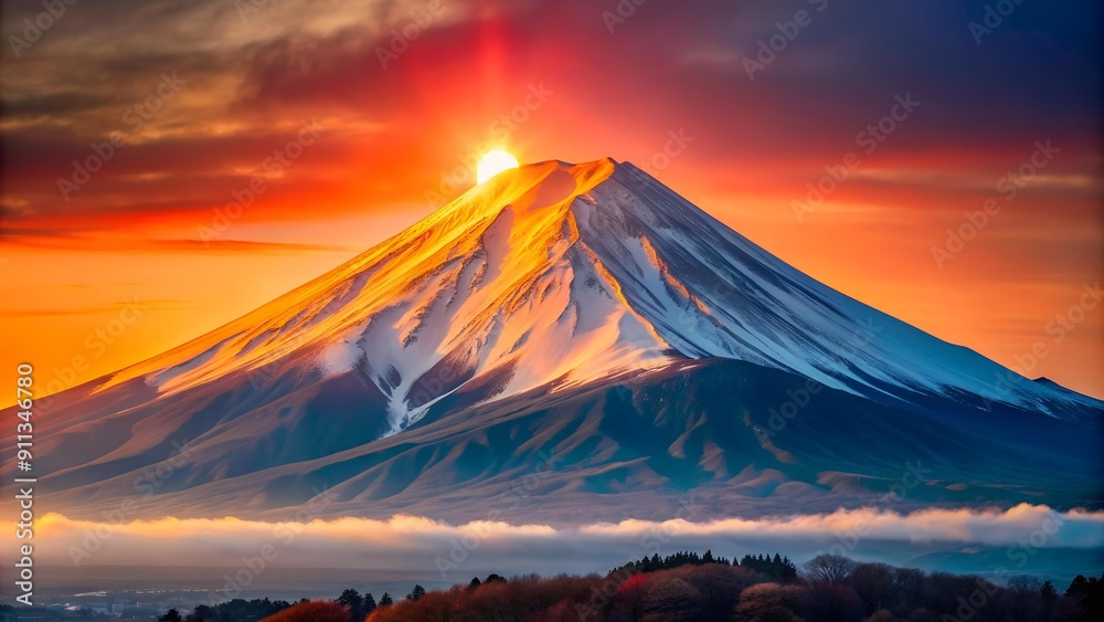 Poster Crimson Sun Rising Over Mount Fuji  AI Generated