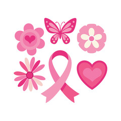 A set of pink ribbon, flowers, butterflies and hearts breast cancer awareness elements vector design illustration